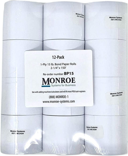Monroe Systems for Business 15 Pound Bond Paper Rolls, Single Ply, 2 1/4" X150' for Cash Registers, Printing Calculators, Adding Machines and More! (12-Pack)