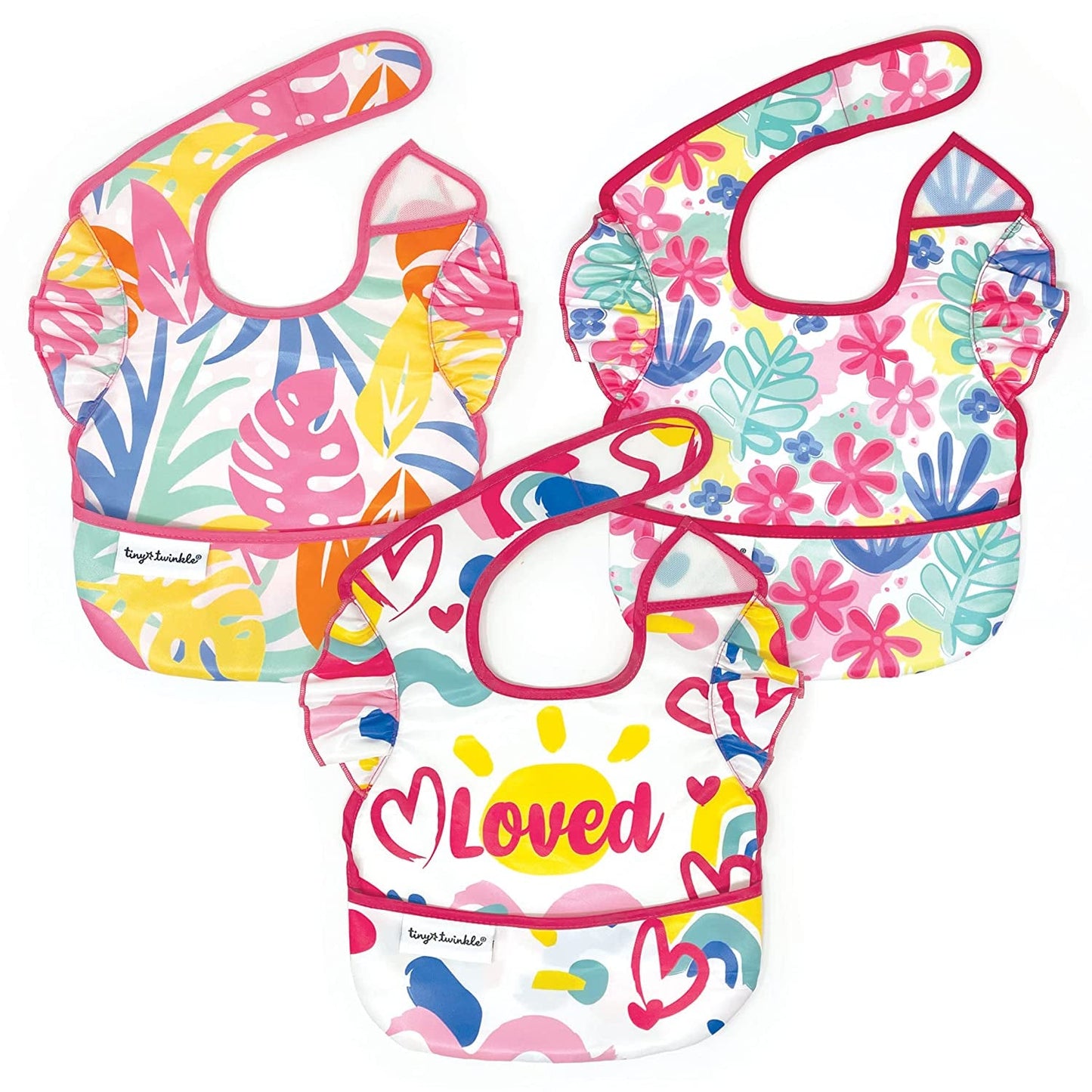 Tiny Twinkle Mess-Proof Baby Bib - Waterproof Bib for Baby Boy or Girl - Machine Washable - Adjustable Closure - PVC, BPA, & Phthalate Free - Great for Travel - Baby Food Bibs (3 Pack, Slate Olive)