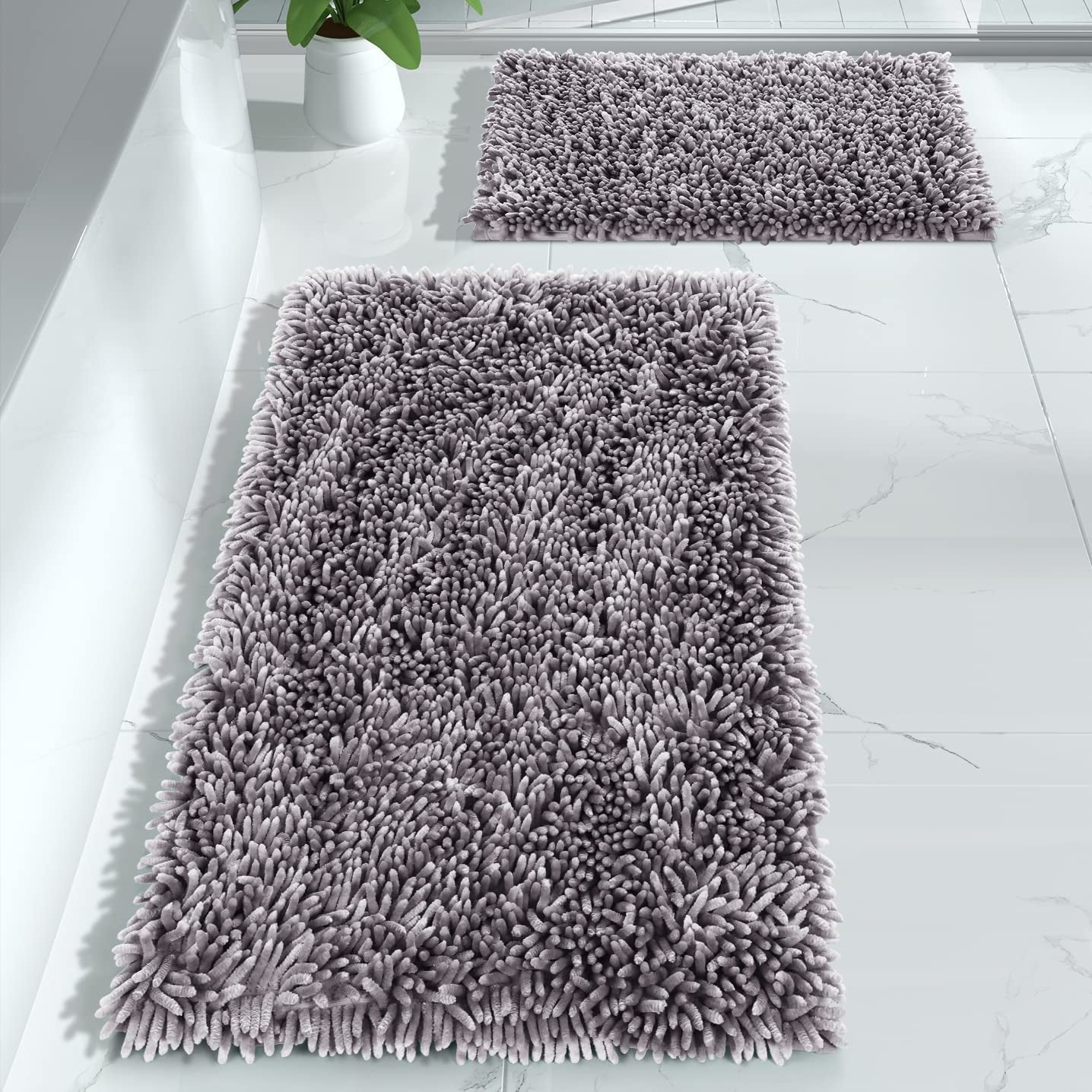 Yimobra Bathroom Rugs Sets 2 Piece, Luxury Shaggy Extra Thick Bathroom Rugs, Plush Non-Slip Mats for Bath Room Floor, Machine Wash, Ultra Absorbent, 31.5 X 19.8 + 24 X 17 Inches, Light Grey
