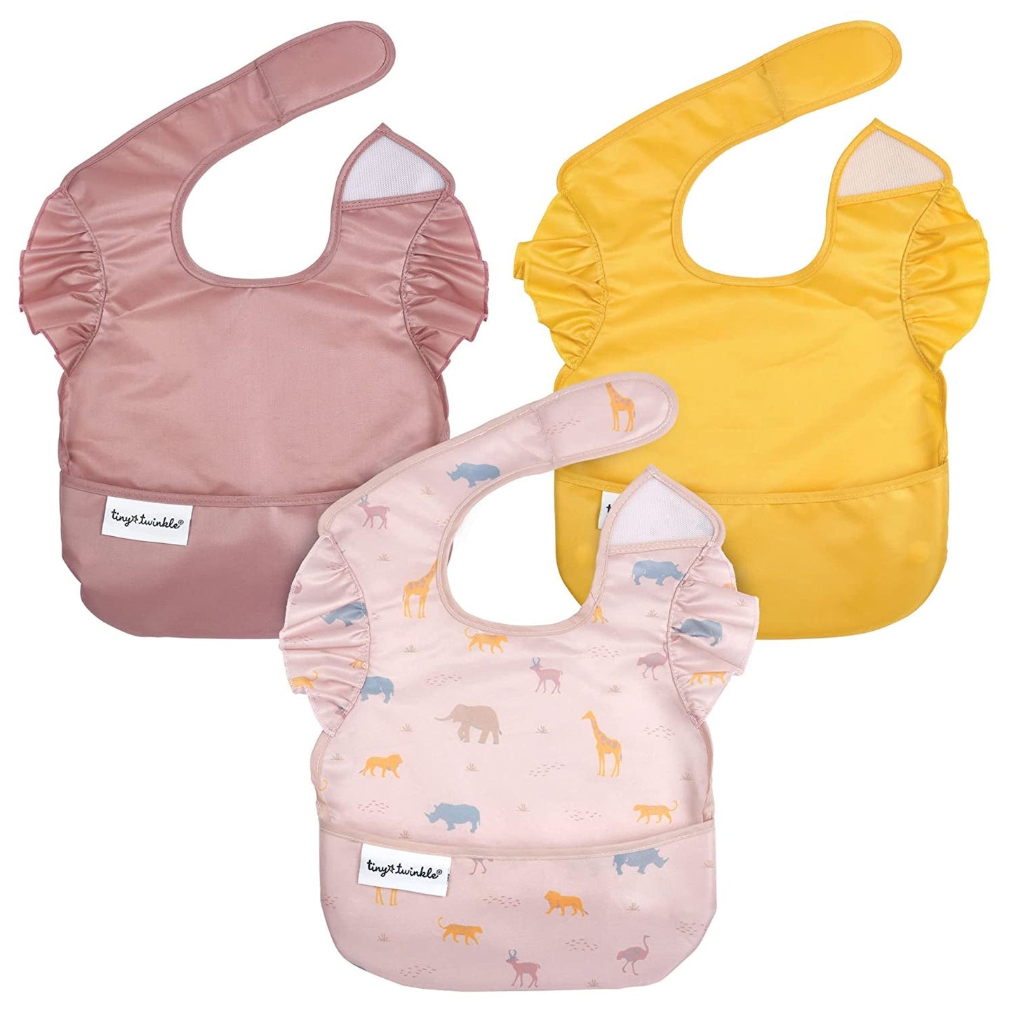 Tiny Twinkle Mess-Proof Baby Bib - Waterproof Bib for Baby Boy or Girl - Machine Washable - Adjustable Closure - PVC, BPA, & Phthalate Free - Great for Travel - Baby Food Bibs (3 Pack, Slate Olive)