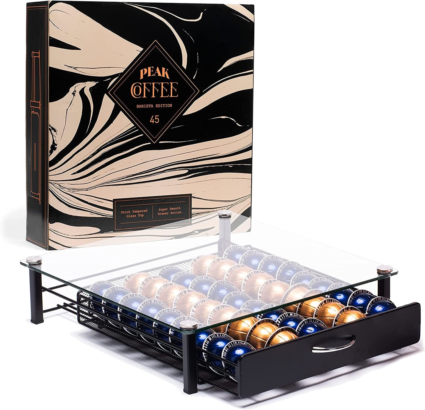 Peak Coffee Capsule Storage Drawer Tray for 45 Nespresso Pods Holder | Bartesian & Vertuo Pod Holder Box & Machine Stand | Tempered Glass Top Coffee Pod Holder | Designed for Nespresso Accessories