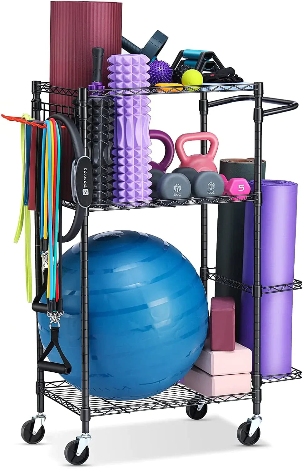 FHXZH Yoga Mat Storage Rack, Home Gym Workout Equipment Storage Rack, Cart for Organizing Workout Room, Organizer Yoga Equipment Dumbbell Kettlebells Home Gym Storage Rack with Hooks and Wheels