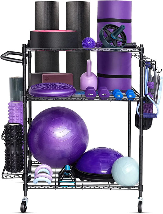 FHXZH Yoga Mat Storage Rack, Home Gym Workout Equipment Storage Rack, Cart for Organizing Workout Room, Organizer Yoga Equipment Dumbbell Kettlebells Home Gym Storage Rack with Hooks and Wheels