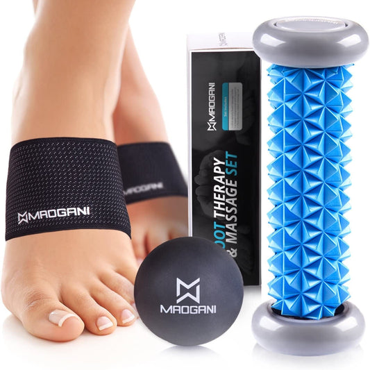 Foot Massager Foam Roller Ball & Arch Support - Relieve Plantar Fasciitis, Foot Pain, Stress, Sore Arch, Heel, Hand, Muscle, Neuropathy - Relaxation Gifts for Women & Men - 2 Copper Compression Braces
