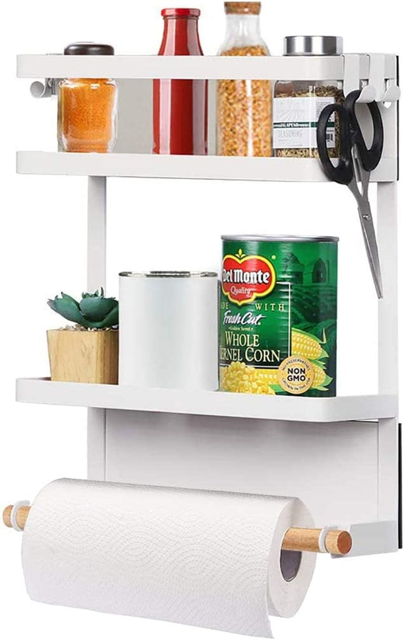 Fridge Spice Rack,Magnetic Storage Shelf with Paper Towel Holder Kitchen Refrigerator Organizer Rack(White)