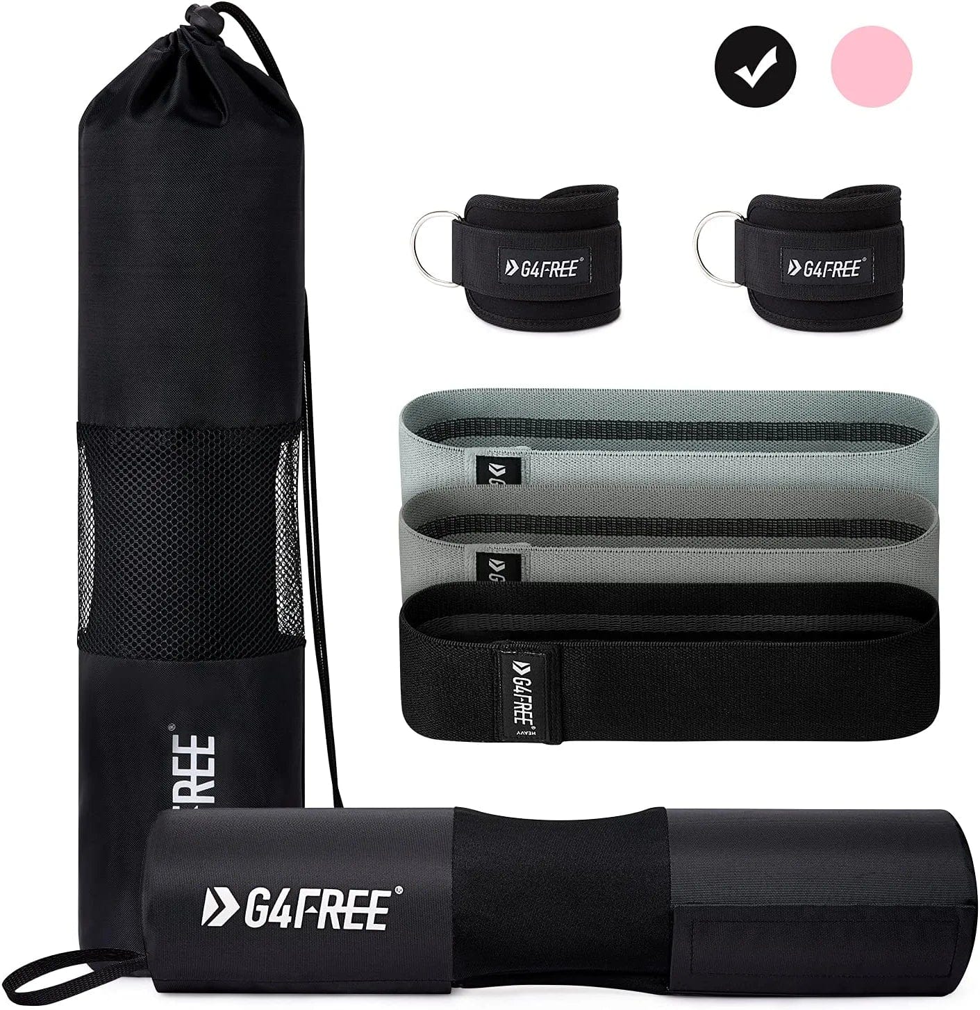 G4Free 7Pcs Barbell Pad Set for Squat, Hip Thrusts, Lunges, Leg Day, Standard Olympic Bars with 2 Gym Ankle Safety Straps, 3 Hip Resistance Bands ,Barbell Pad and Carry Bag