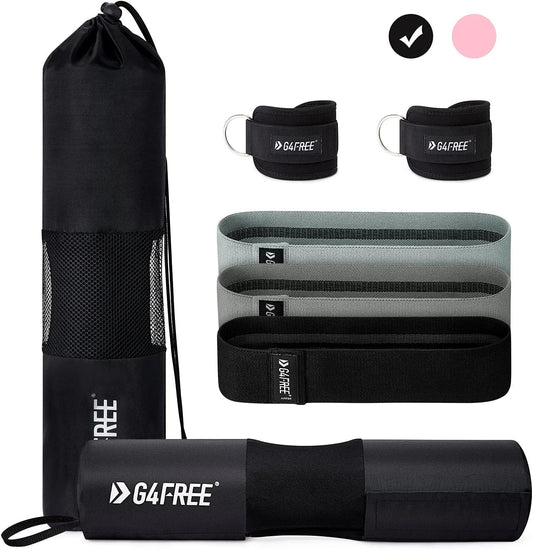 G4Free 7Pcs Barbell Pad Set for Squat, Hip Thrusts, Lunges, Leg Day, Standard Olympic Bars with 2 Gym Ankle Safety Straps, 3 Hip Resistance Bands ,Barbell Pad and Carry Bag