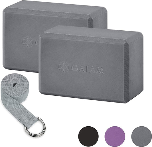 Gaiam Essentials Yoga Block 2 Pack & Yoga Strap Set, Grey