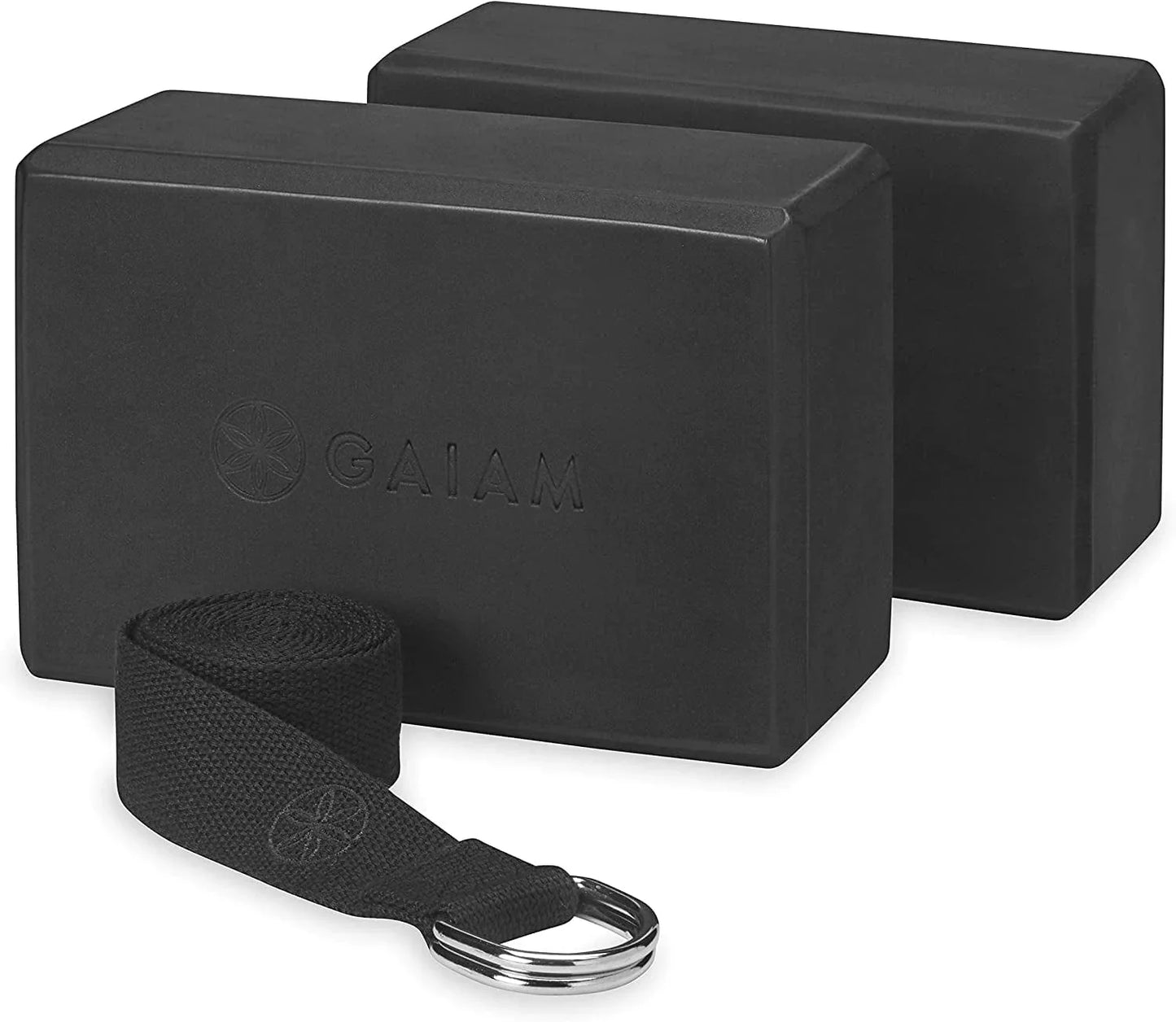 Gaiam Essentials Yoga Block 2 Pack & Yoga Strap Set, Grey