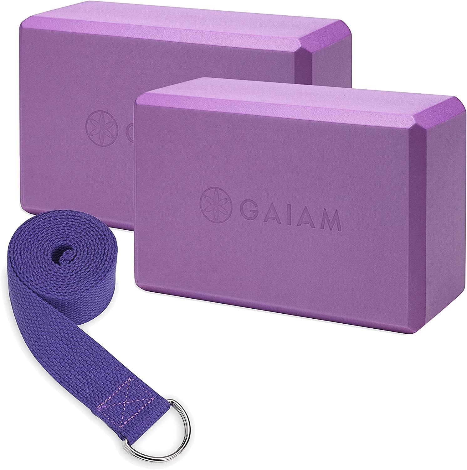 Gaiam Essentials Yoga Block 2 Pack & Yoga Strap Set, Grey
