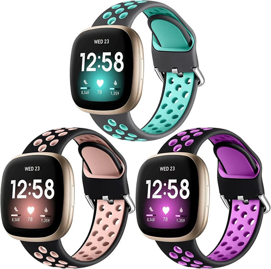 Getino Compatible with Fitbit Versa 4/ Versa 3 Bands/Sense 2/ Sense Bands Women Men, Waterproof Silicone Accessories, Sport Band for Fitbit Versa 3/ Versa 4/ Sense 2/ Sense Watch, Small 3Pack-4