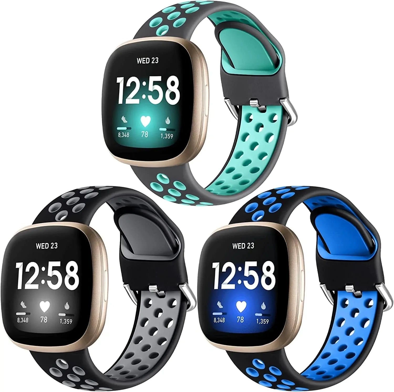 Getino Compatible with Fitbit Versa 4/ Versa 3 Bands/Sense 2/ Sense Bands Women Men, Waterproof Silicone Accessories, Sport Band for Fitbit Versa 3/ Versa 4/ Sense 2/ Sense Watch, Small 3Pack-4