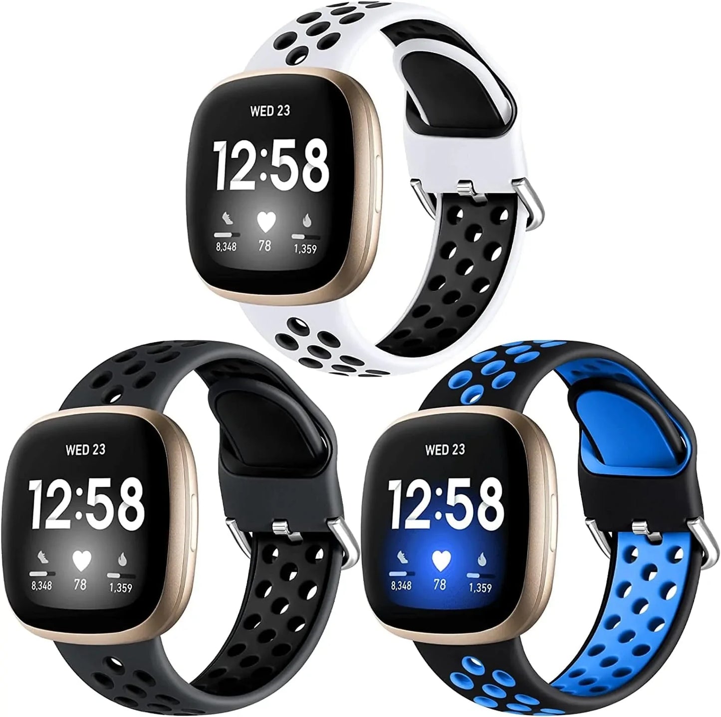 Getino Compatible with Fitbit Versa 4/ Versa 3 Bands/Sense 2/ Sense Bands Women Men, Waterproof Silicone Accessories, Sport Band for Fitbit Versa 3/ Versa 4/ Sense 2/ Sense Watch, Small 3Pack-4