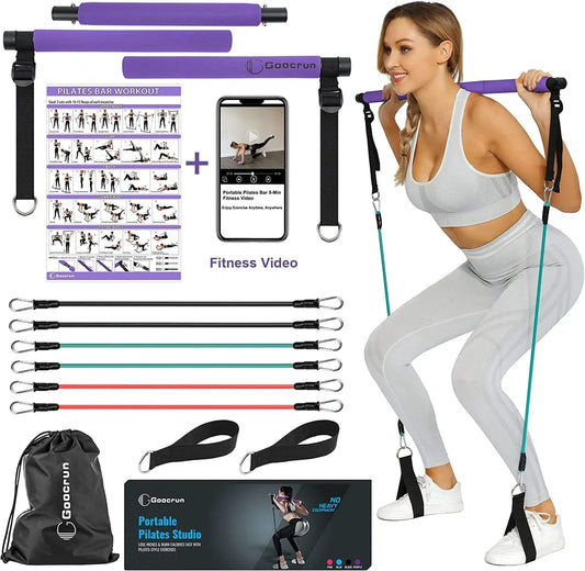 Goocrun Portable Pilates Bar Kit with Resistance Bands for Men and Women - 6 Exercise Resistance Bands (15, 20, 30 LB) - Home Gym Equipment - Supports Full-Body Workouts – with Video
