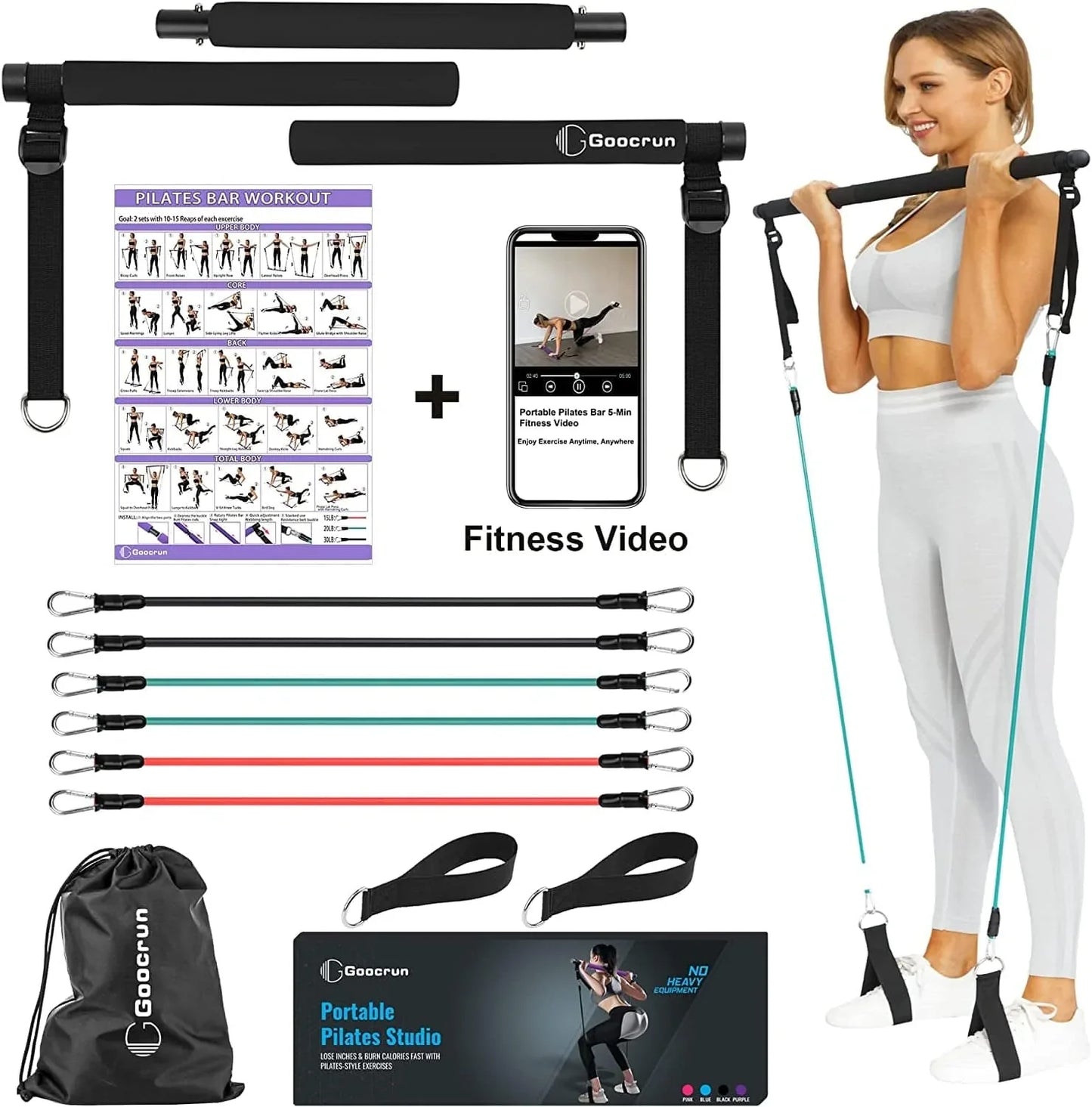 Goocrun Portable Pilates Bar Kit with Resistance Bands for Men and Women - 6 Exercise Resistance Bands (15, 20, 30 LB) - Home Gym Equipment - Supports Full-Body Workouts – with Video