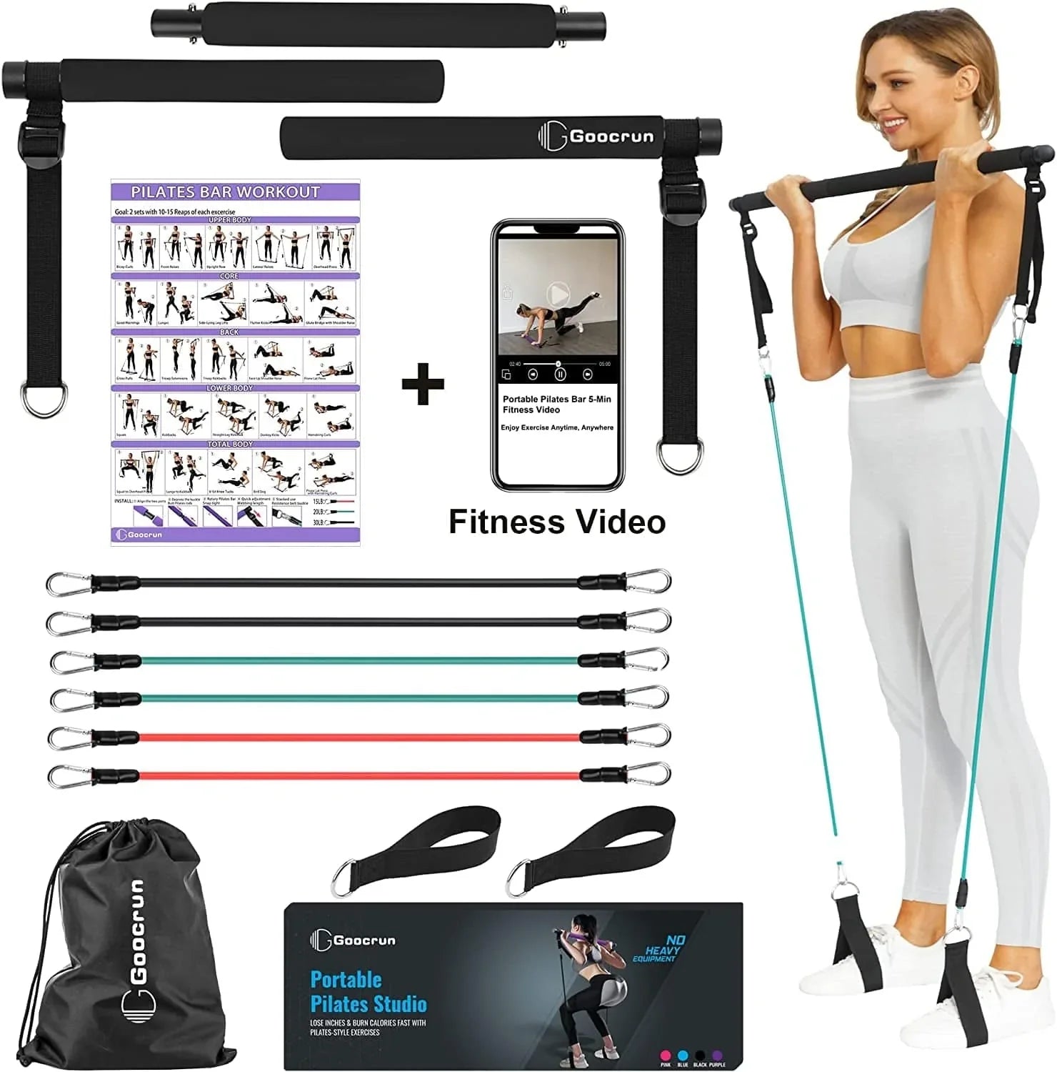 Goocrun Portable Pilates Bar Kit with Resistance Bands for Men and Women - 6 Exercise Resistance Bands (15, 20, 30 LB) - Home Gym Equipment - Supports Full-Body Workouts – with Video