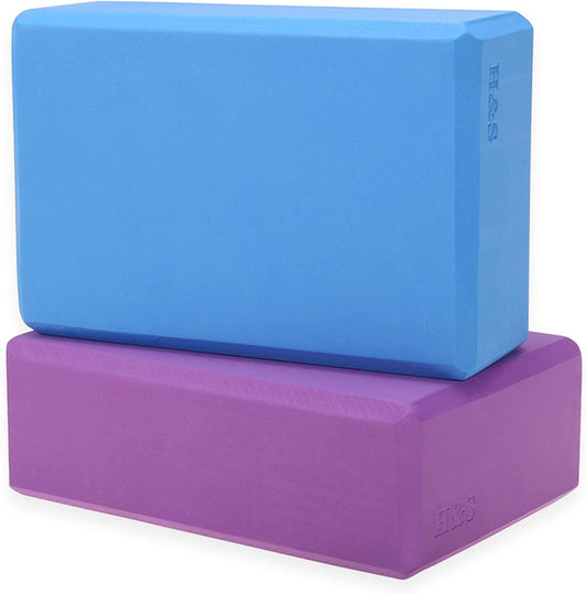 H&S High Density Yoga Blocks - Set of 2 - Purple and Blue Firm EVA Foam Bricks - Gymnastics Block for Muscle Pain and Stress