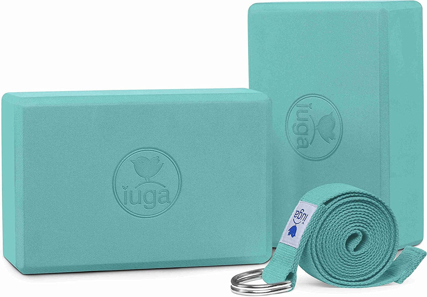 IUGA Yoga Block 2 Pack with Yoga Strap, High Density Yoga Blocks 9”X6”X3”To Improve Strength, Flexibility and Balance, Light Weight and Non-Slip Surface for Yoga, Pilates and Meditation
