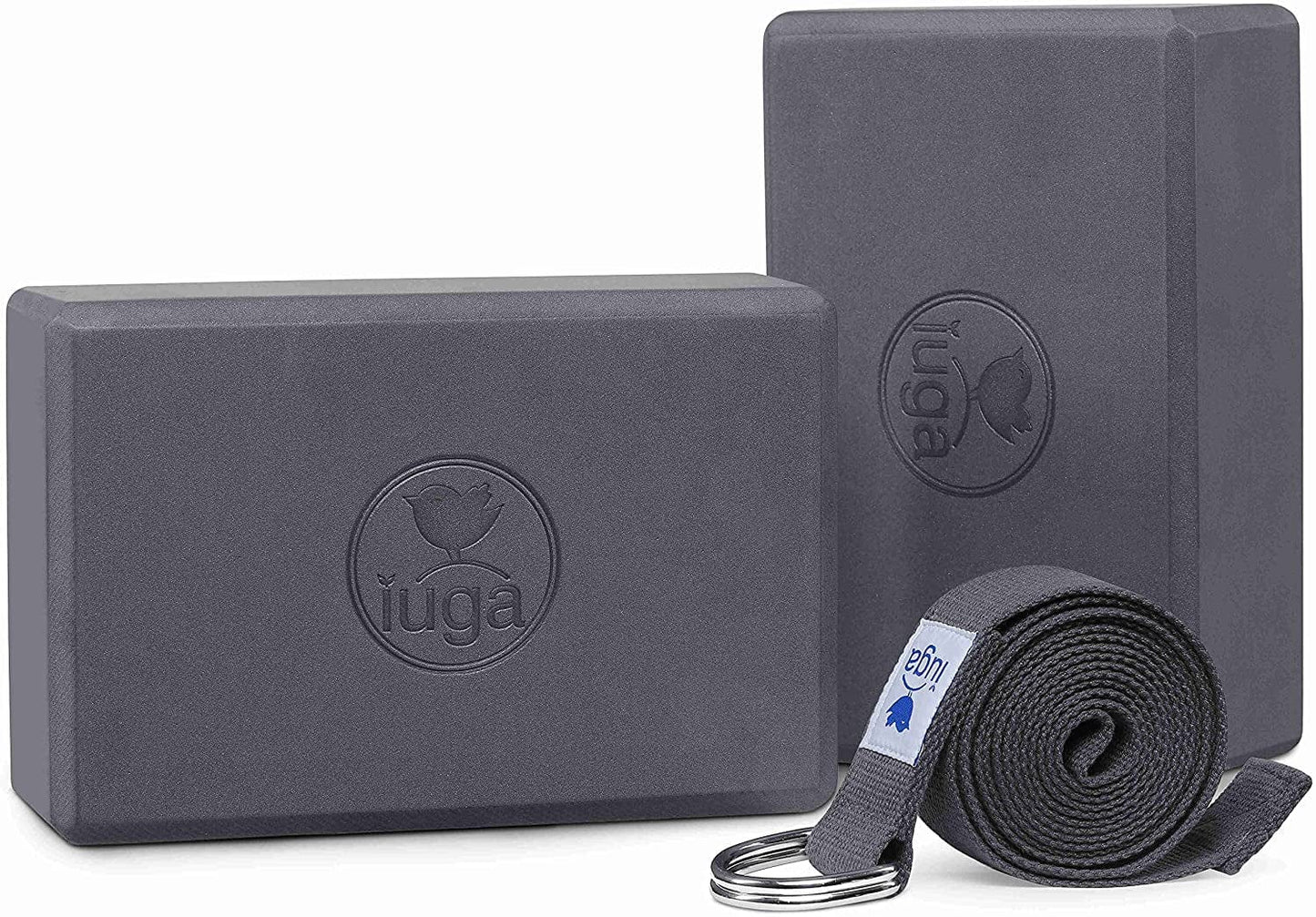 IUGA Yoga Block 2 Pack with Yoga Strap, High Density Yoga Blocks 9”X6”X3”To Improve Strength, Flexibility and Balance, Light Weight and Non-Slip Surface for Yoga, Pilates and Meditation