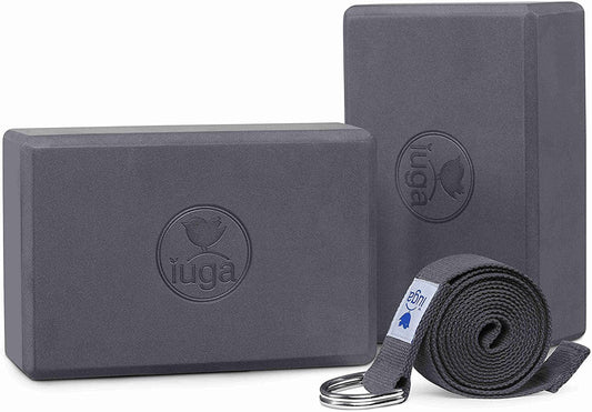 IUGA Yoga Block 2 Pack with Yoga Strap, High Density Yoga Blocks 9”X6”X3”To Improve Strength, Flexibility and Balance, Light Weight and Non-Slip Surface for Yoga, Pilates and Meditation