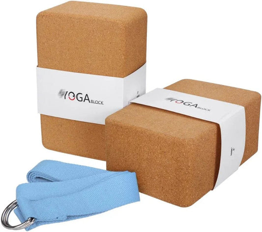JBM Cork Yoga Blocks 2 Pack with Strap, Cork Yoga Blocks Cork Yoga Bricks Cork Stretch Blocks Set of 2 Cork Yoga Block Stretch Block 2 Set Cork Yoga Cube Stretch Block for Splits, Stretching Blocks