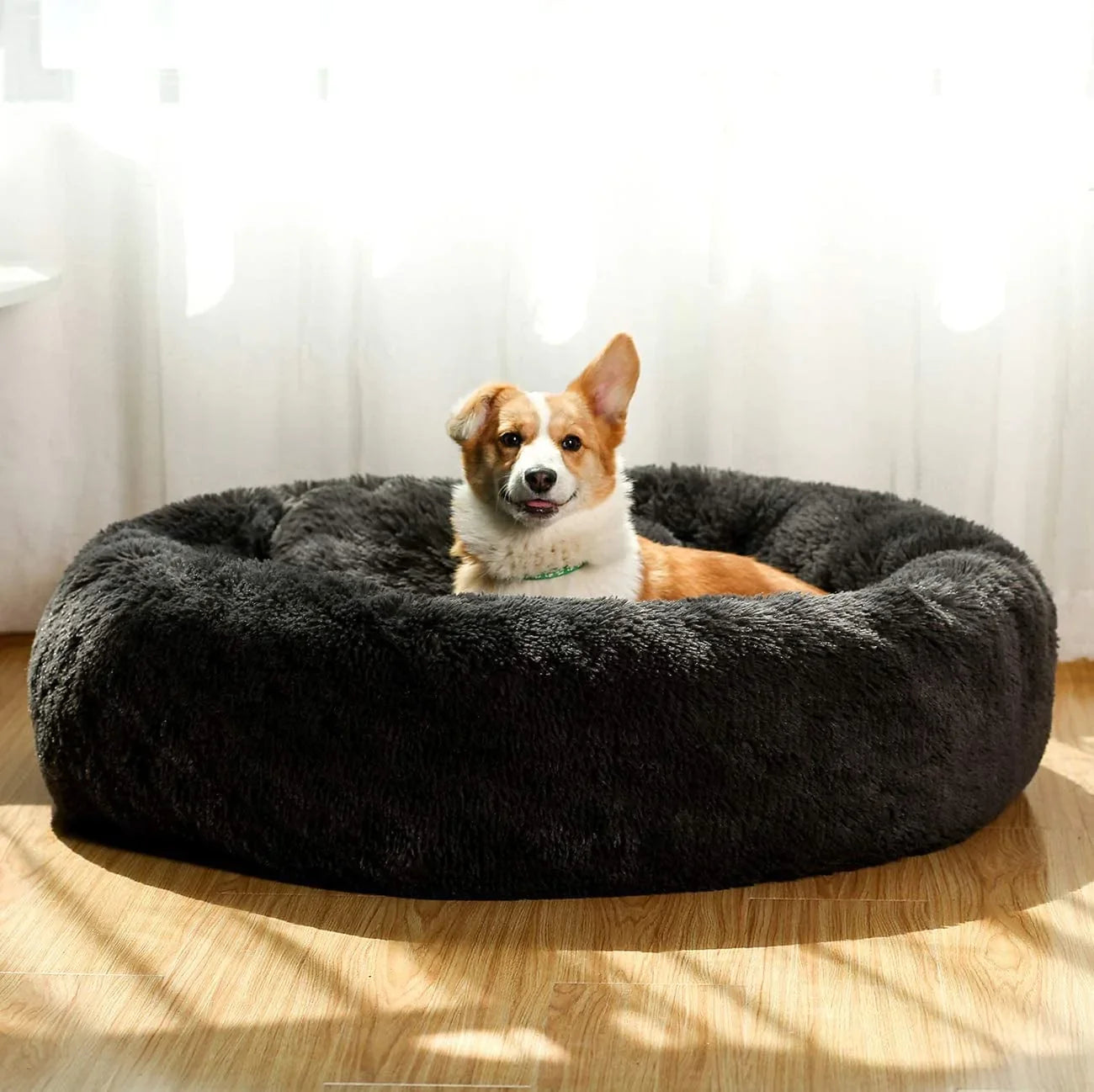 JMHUND Shag Vegan Fur Donut Comfortable Dog Bed for Medium Dogs, Large Calming Cuddler Ultra Soft Washable Pet Cat Mat, round Fluffy Self-Warming Cushion Bed,26" Black