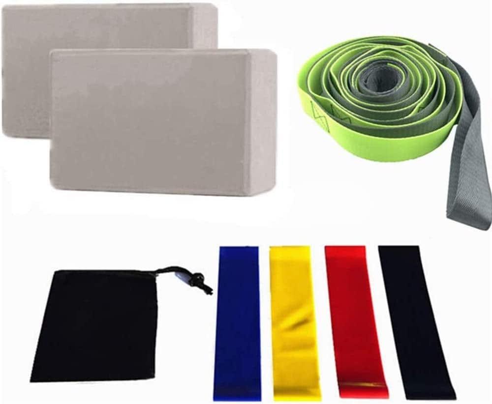Kiddiezoom Yoga Set, 1 Yoga Strap with 12 Loops, 2 EVA Foam Soft Non-Slip Yoga Blocks,4 Resistance Bands, 1 Black Storage Bag for Yoga, Pilates, Stretching and Toning Workouts 8-In-1