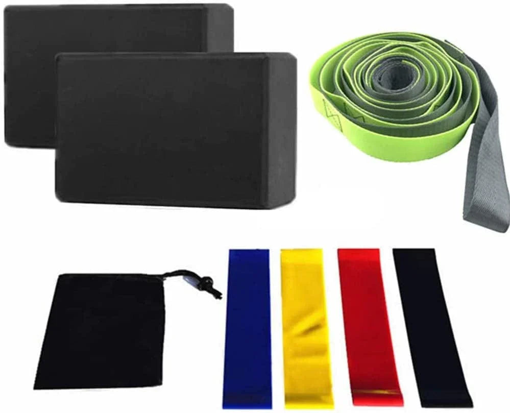 Kiddiezoom Yoga Set, 1 Yoga Strap with 12 Loops, 2 EVA Foam Soft Non-Slip Yoga Blocks,4 Resistance Bands, 1 Black Storage Bag for Yoga, Pilates, Stretching and Toning Workouts 8-In-1