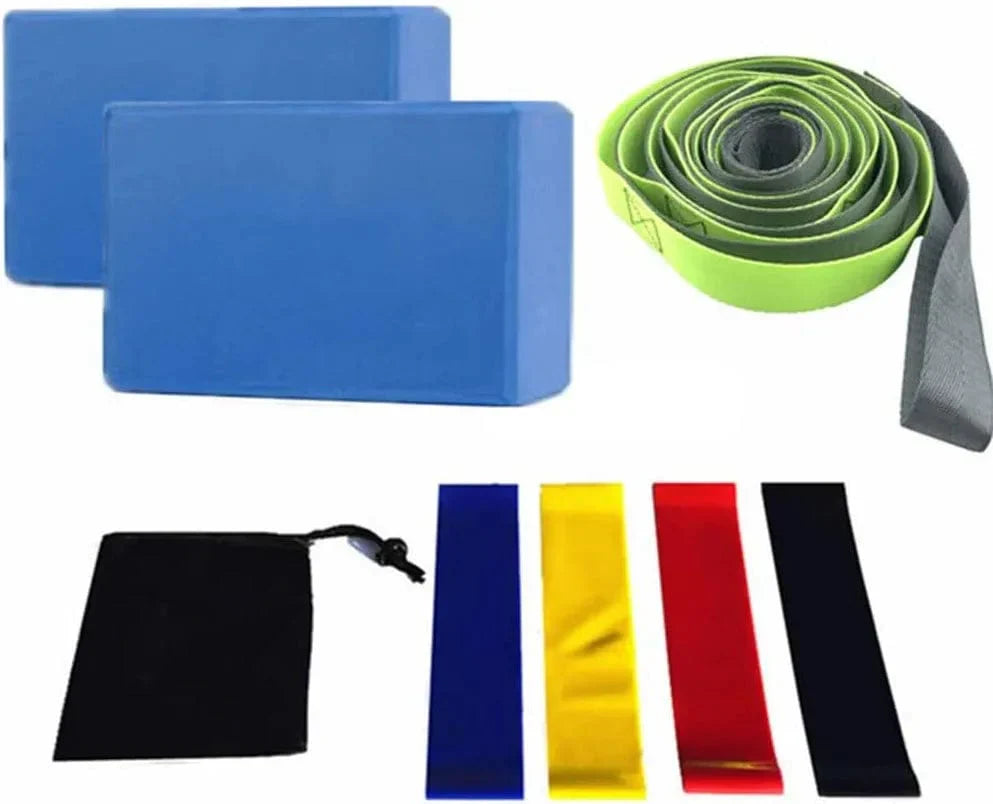 Kiddiezoom Yoga Set, 1 Yoga Strap with 12 Loops, 2 EVA Foam Soft Non-Slip Yoga Blocks,4 Resistance Bands, 1 Black Storage Bag for Yoga, Pilates, Stretching and Toning Workouts 8-In-1