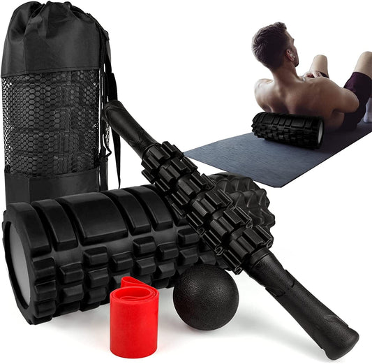 Krightlink Foam Roller Set for Deep Tissue Muscle Massage, 5 in 1 Fitness Exercise Foam Roller, Massage Roller, Massage Ball, Stretching Strap, for Whole Body (Black)