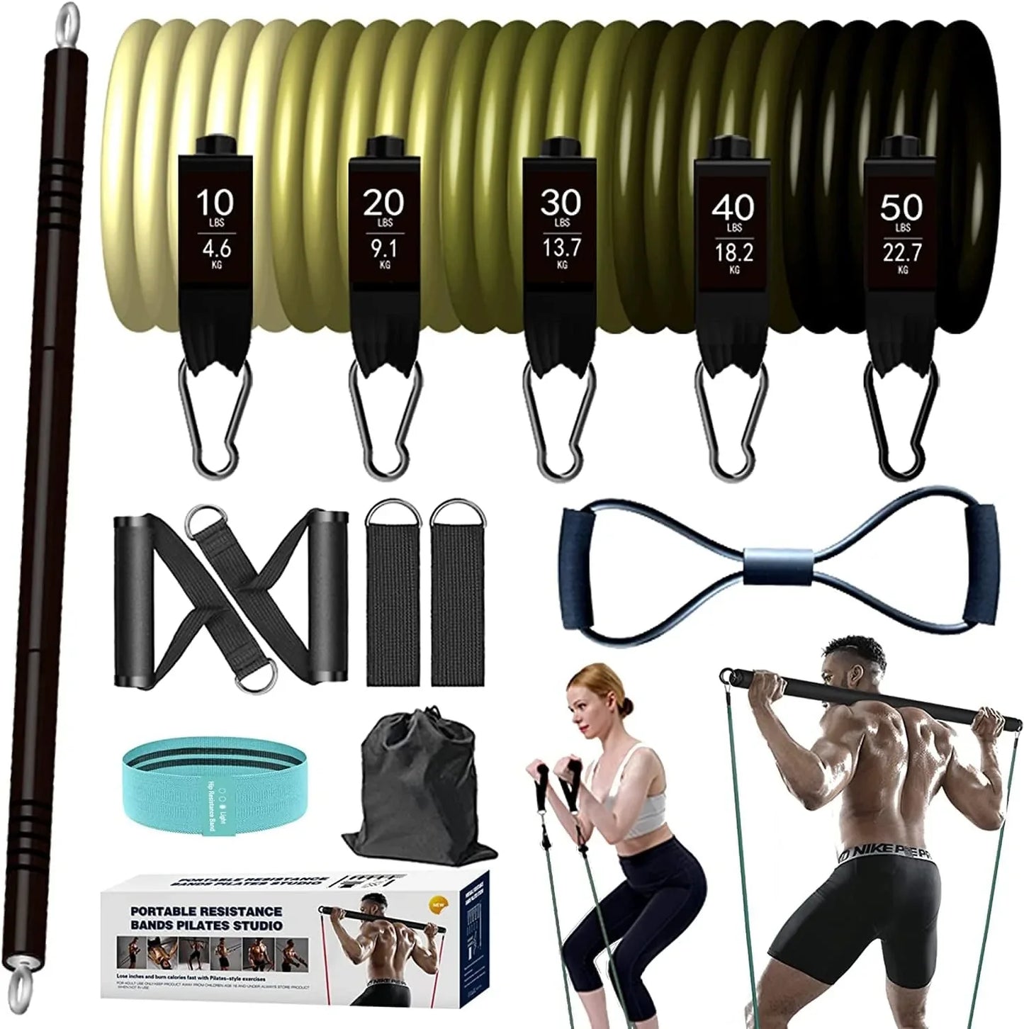 KRIXAM Pilates Bar Kit with Resistance Bands (150LBS), Resistance Bands Set with Bar, Portable Pilates Equipment for Workout Home Gym