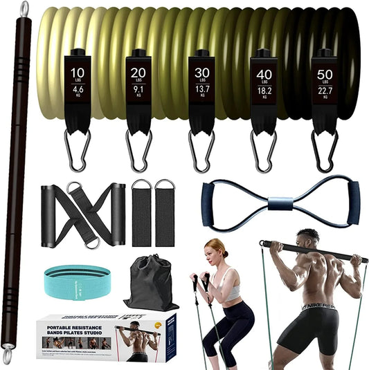 KRIXAM Pilates Bar Kit with Resistance Bands (150LBS), Resistance Bands Set with Bar, Portable Pilates Equipment for Workout Home Gym