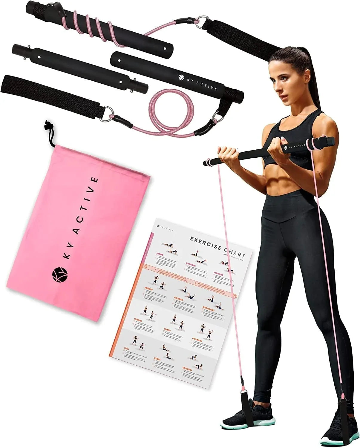 Ky Active Portable Pilates Bar Kit with 25Lbs Resistance Bands, Home Gym Exercise System with Mini Pilates Ball and Carry Bag, 3 Foot Adjustable Workout Bar for Legs and Full Body