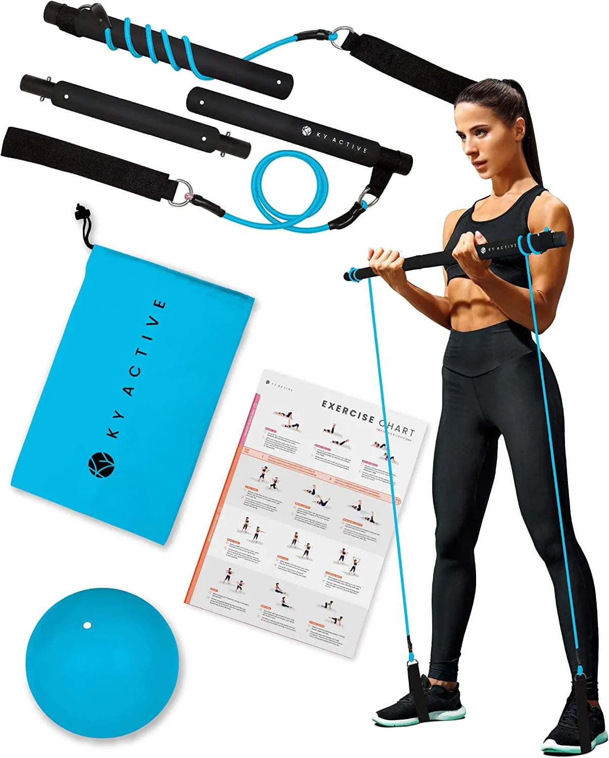 Ky Active Portable Pilates Bar Kit with 25Lbs Resistance Bands, Home Gym Exercise System with Mini Pilates Ball and Carry Bag, 3 Foot Adjustable Workout Bar for Legs and Full Body