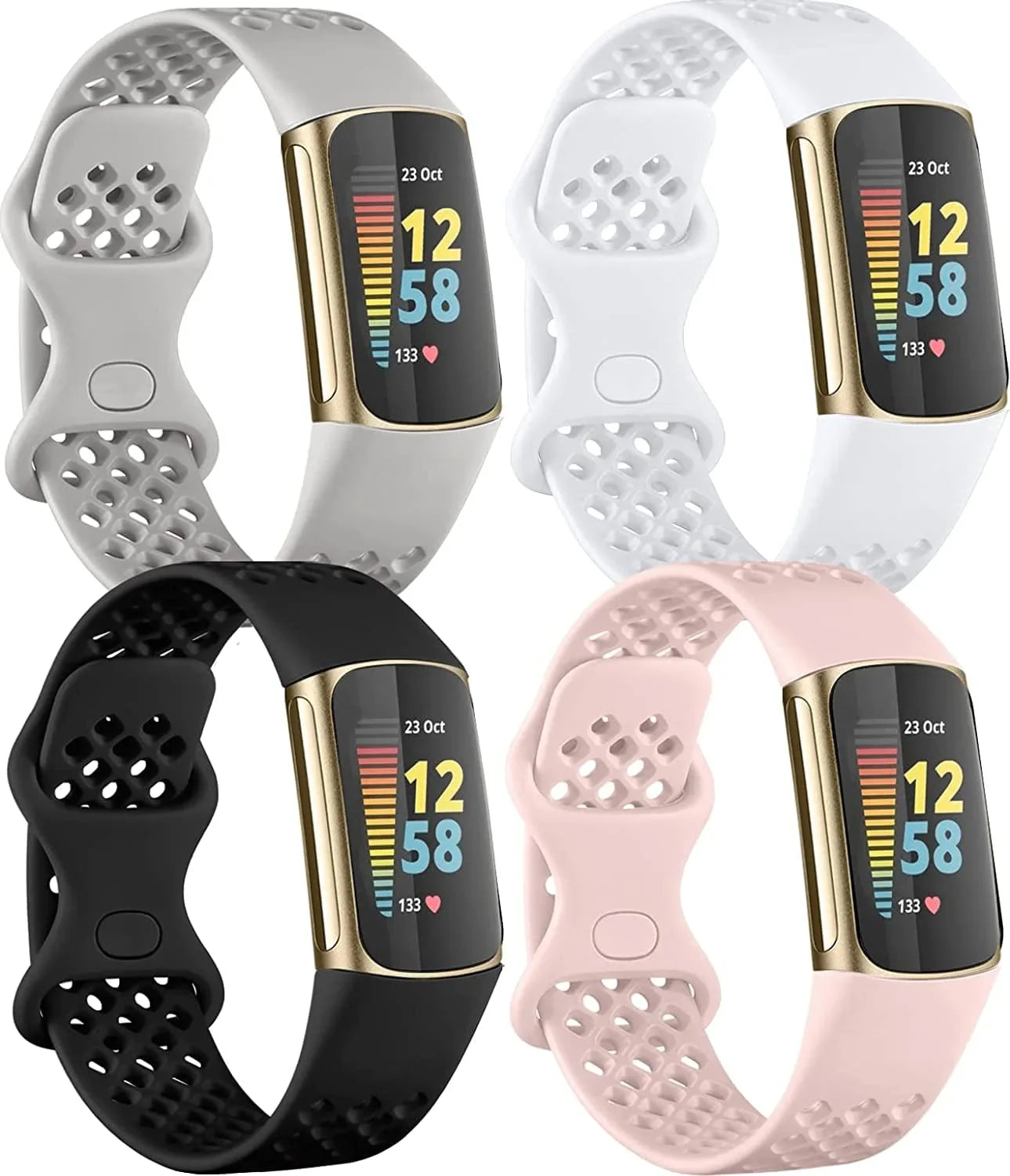 Laffav Compatible with Fitbit Charge 5 Bands for Men Women, Flexible Soft Silicone Wristbands Breathable Sport Replacement Strap with Air Holes for Fitbit Charge 5 Fitness Tracker, 4-Pack