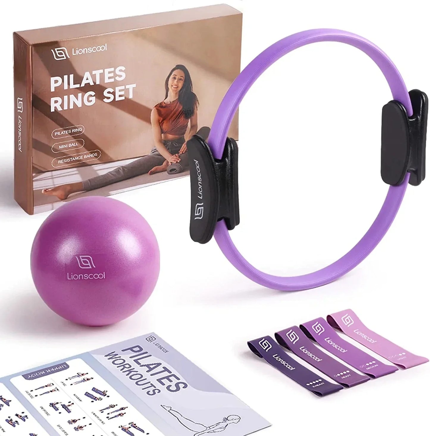 LIONSCOOL PILATES RING SET - Premium Anti-Deformation 14”Magic Circle with Dual Padded Handles - Includes Burst Resistant Pilates Mini Ball & Highly Elastic Resistance Bands - Free Workout Guide & Bag