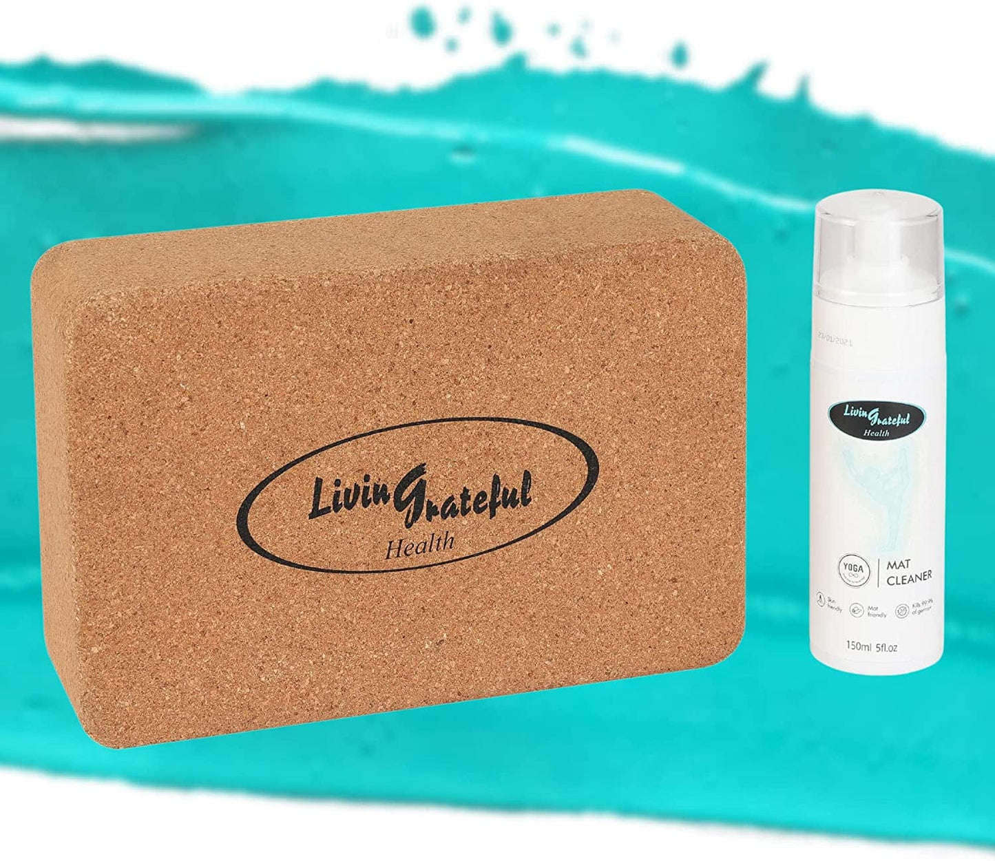 Livingrateful Health Cork Yoga Block Set | Premium Natural Cork & Non Slip Exercise & Fitness Block for Yoga, Pilates, & Workouts (6"X9"X3") | Includes Storage/Carrying Case & Natural Cleaning Spray