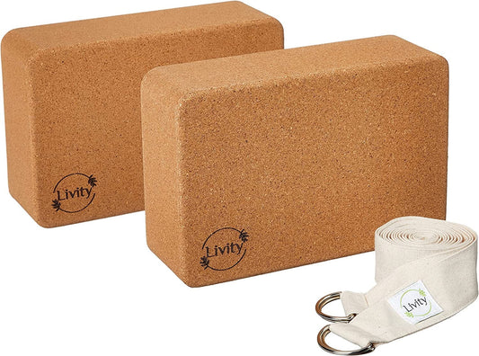 Livity Yoga - 2 Set of Renewable Cork Yoga Blocks & Cotton Yoga Strap for Beginners Men & Women- High Density Workout Bricks Accessories Ideal for General Fitness, Pilates, Meditation, Stretching