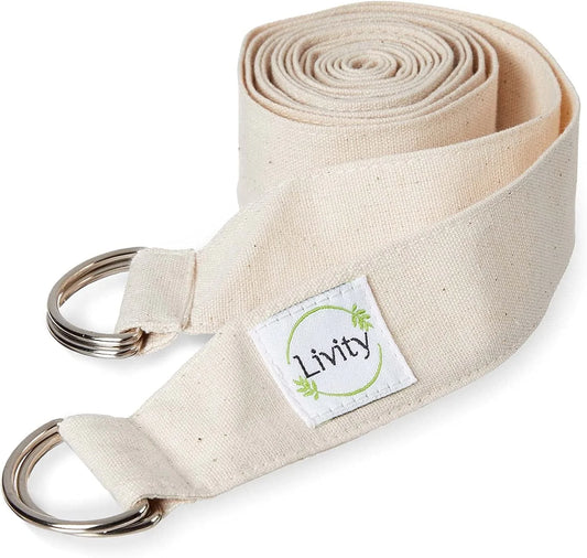 Livity Yoga - Pure Cotton Yoga Strap, 2-In-1 Stretch Strap and Yoga Mat Strap Carrier, Adjustable, Slip-Free, and Machine-Washable, 1.5 Inches Wide X 7 Feet Long