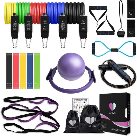 LUSHFIT Pilates Yoga Fitness Set - Pilates Ring - Pilates Ball - Yoga Stretching Strap - Resistance Bands Set - Exercise Bands Set - 8-Shaped Stretch Band - Jump Rope - Workout Guide Home Kit (25 Pcs)