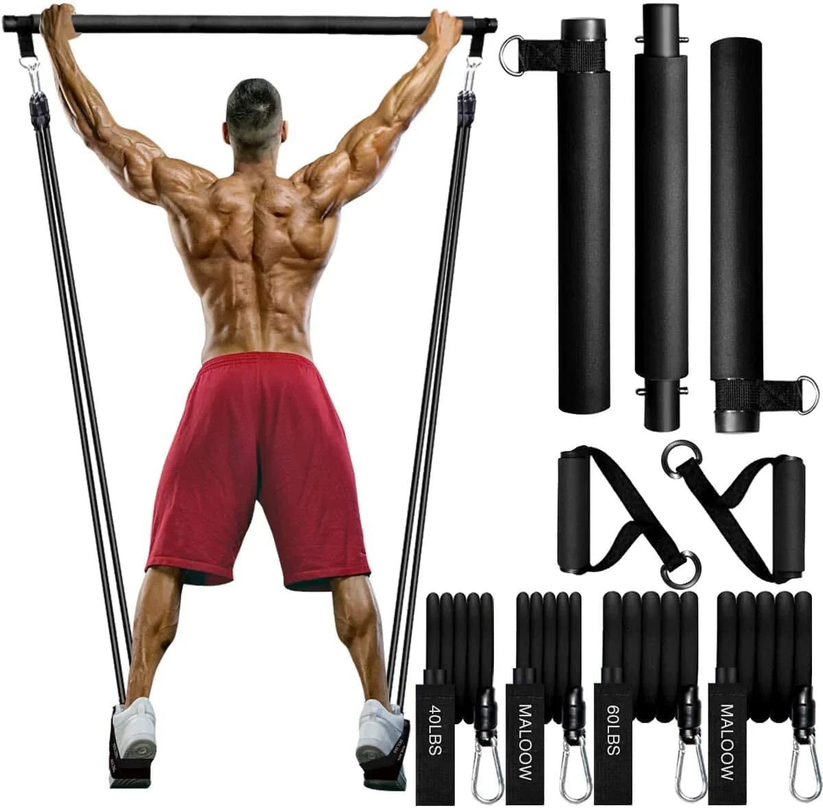 MALOOW Portable Pilates Exercise Bar Kit with Adjustable 20 and 30 Pound Resistance Bands & Travel Bag for Use at Home, Gym, Office, or Travel