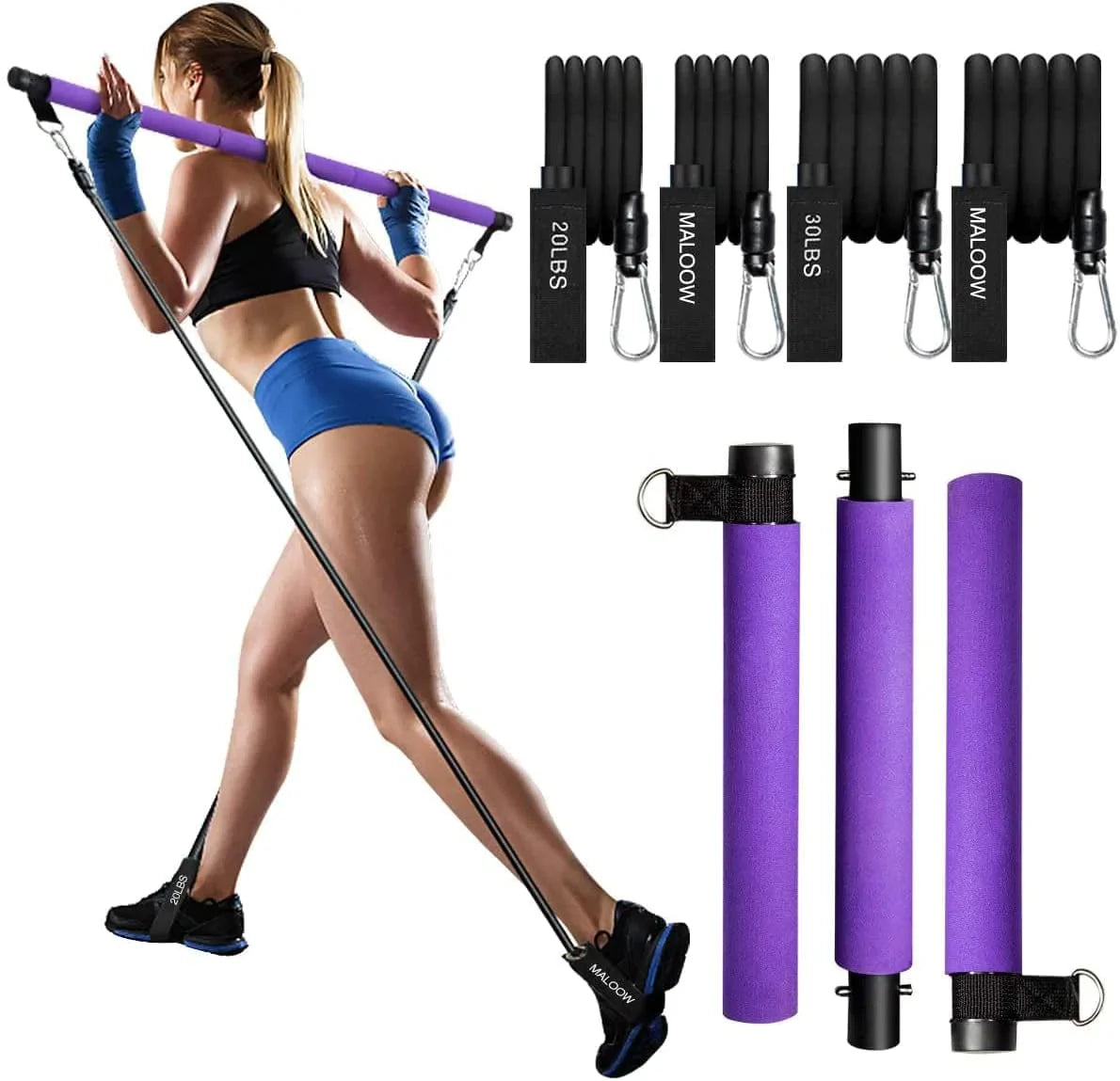 MALOOW Portable Pilates Exercise Bar Kit with Adjustable 20 and 30 Pound Resistance Bands & Travel Bag for Use at Home, Gym, Office, or Travel