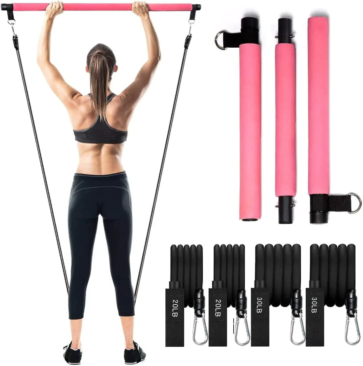 MALOOW Portable Pilates Exercise Bar Kit with Adjustable 20 and 30 Pound Resistance Bands & Travel Bag for Use at Home, Gym, Office, or Travel
