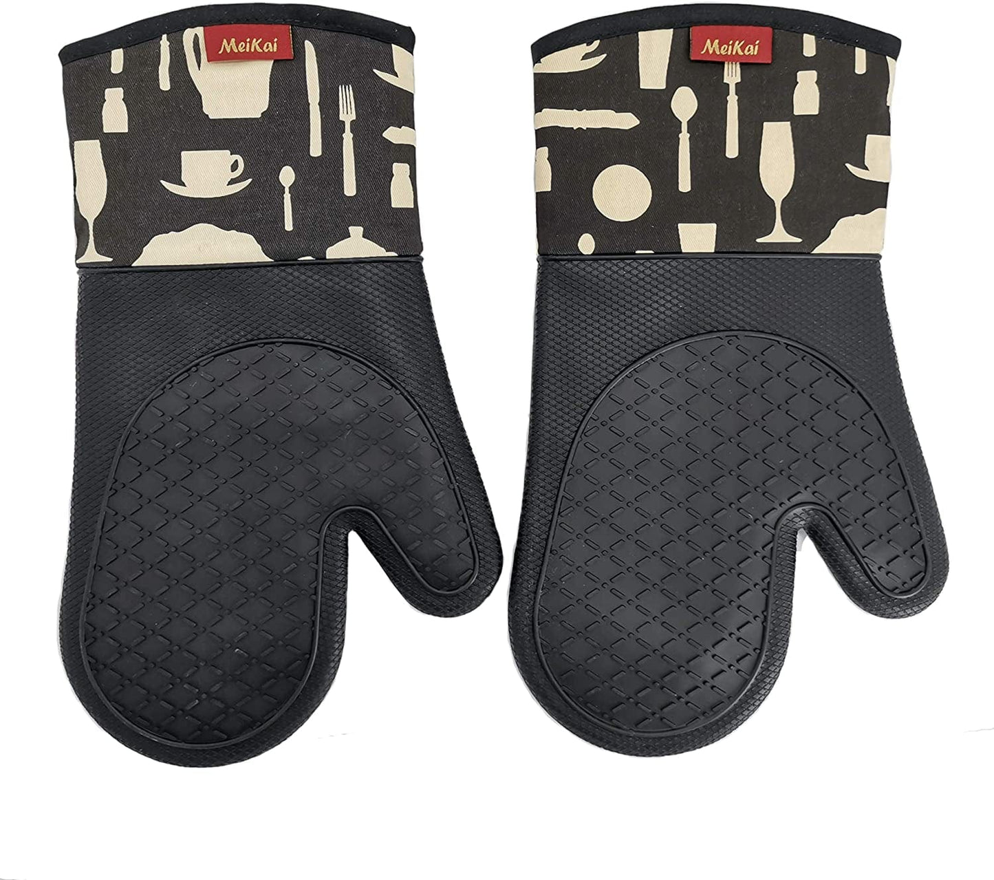 Meikai Heat Resistant Silicone Black Kitchen Oven Mitts for 500゜F with Waterproof, Set of 2 Oven Gloves with Cotton/Polyester Lining for BBQ Cooking Baking Grilling Barbecue Machine Washable