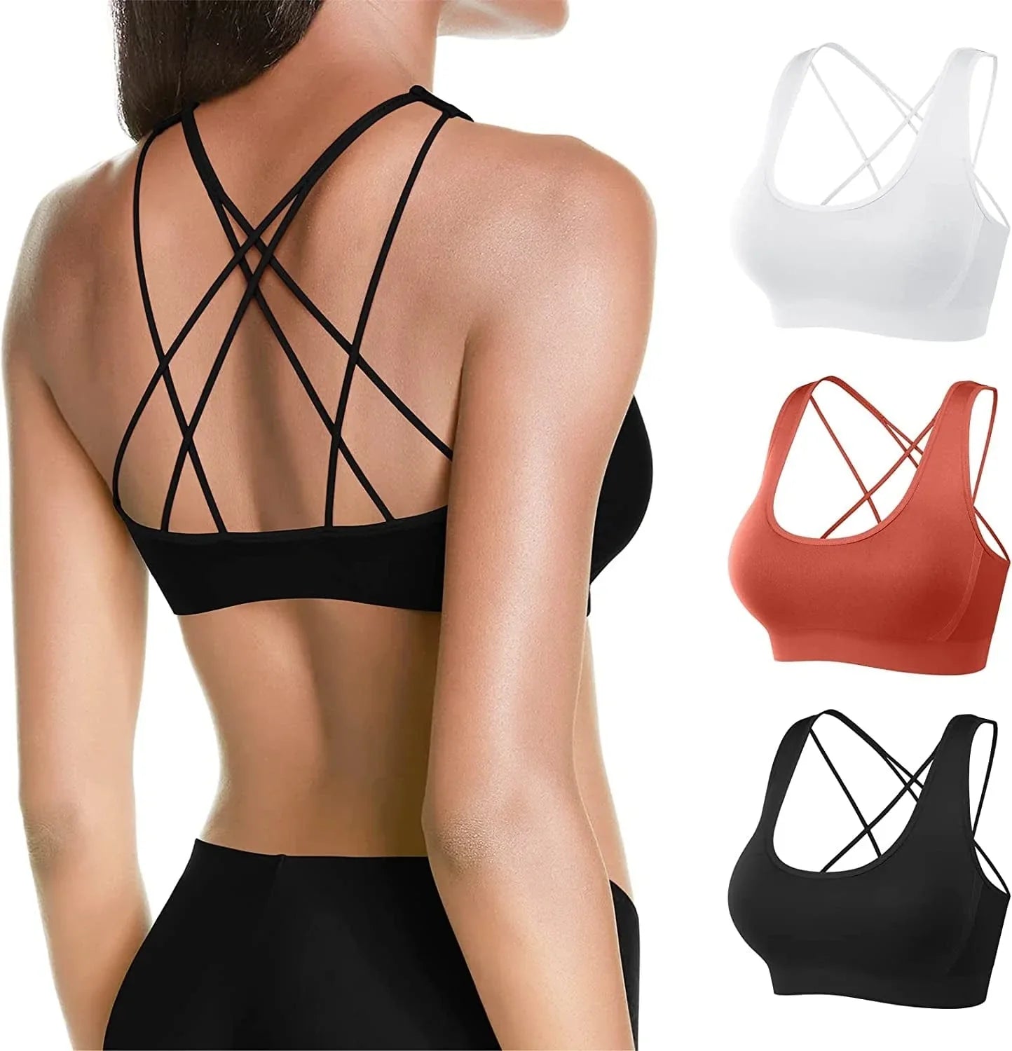 MOVINOW Sports Bra Seamless Padded Strappy Sports Bras for Women Yoga Bra Workout Removable Cups