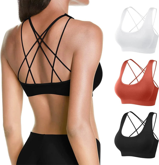 MOVINOW Sports Bra Seamless Padded Strappy Sports Bras for Women Yoga Bra Workout Removable Cups