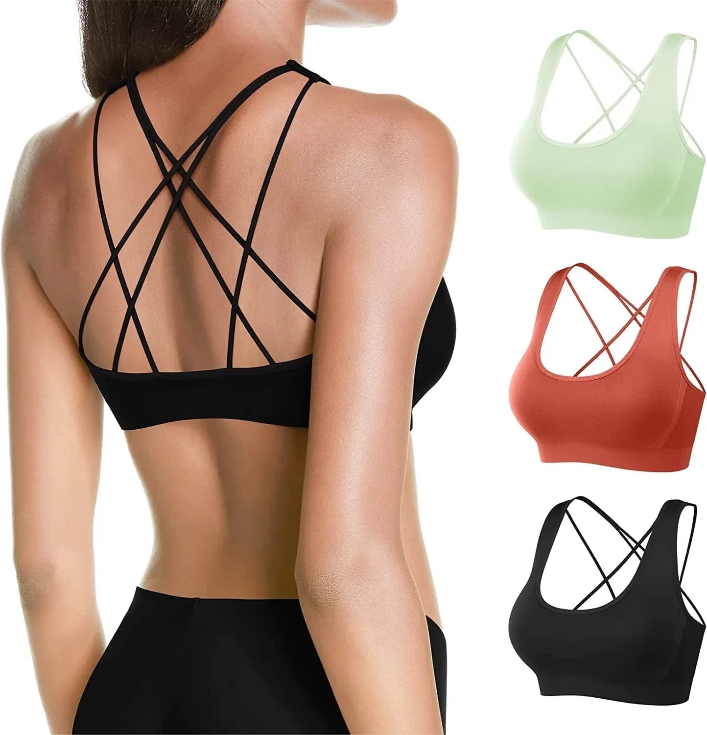 MOVINOW Sports Bra Seamless Padded Strappy Sports Bras for Women Yoga Bra Workout Removable Cups