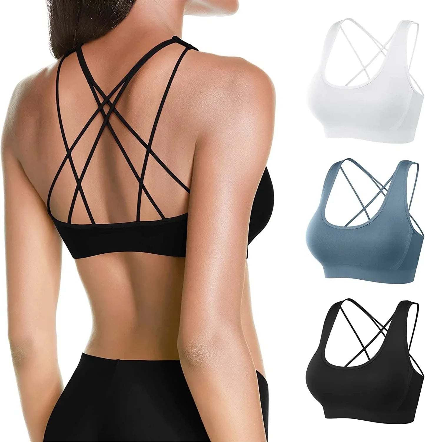 MOVINOW Sports Bra Seamless Padded Strappy Sports Bras for Women Yoga Bra Workout Removable Cups