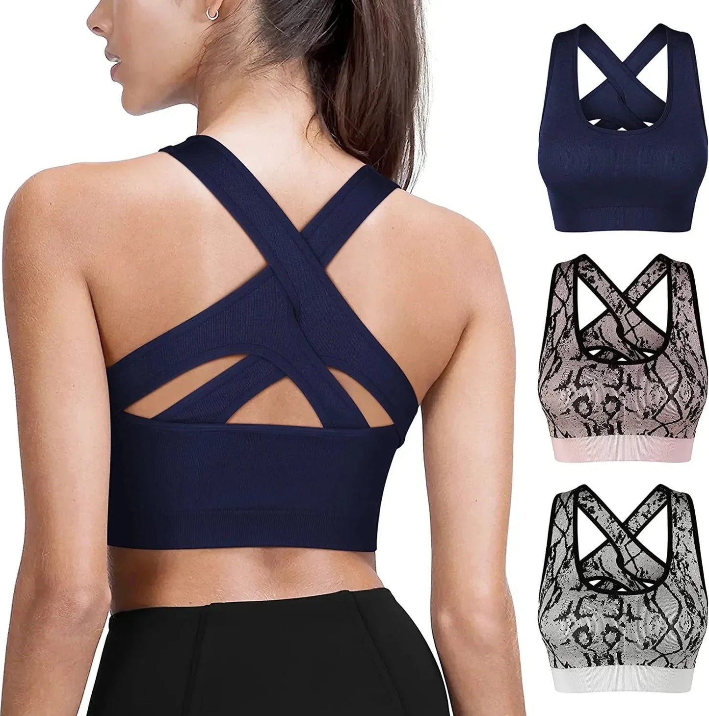 MOVINOW Sports Bra Seamless Padded Strappy Sports Bras for Women Yoga Bra Workout Removable Cups