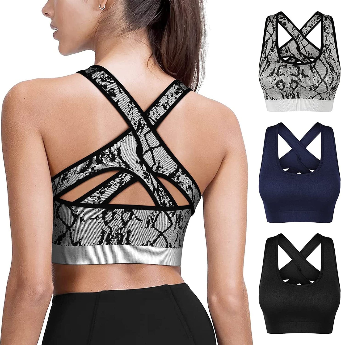 MOVINOW Sports Bra Seamless Padded Strappy Sports Bras for Women Yoga Bra Workout Removable Cups